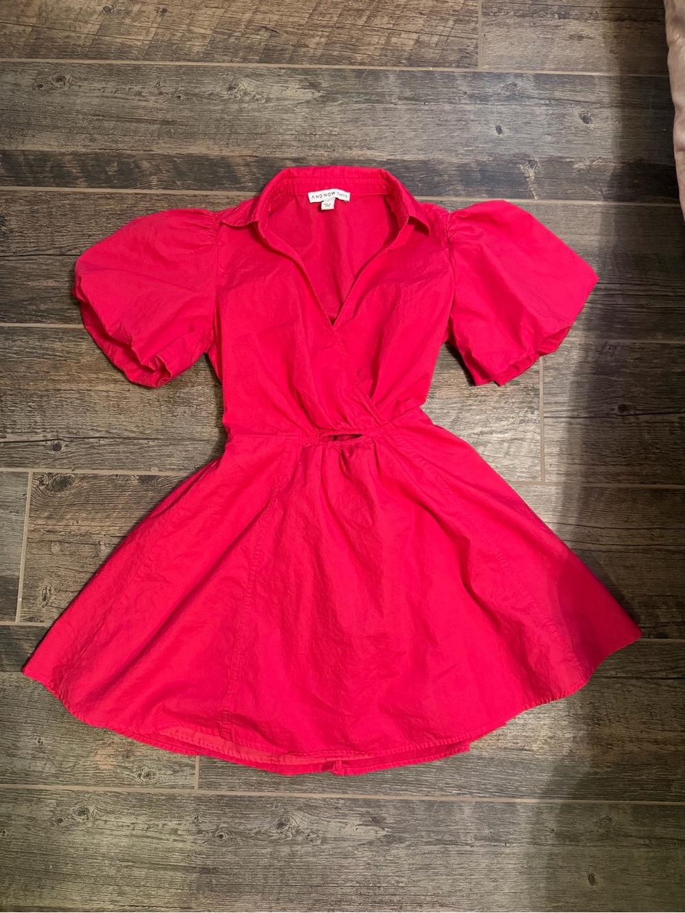 Puff-Sleeve Mini Dress in Bright Pink with Collared V-Neck